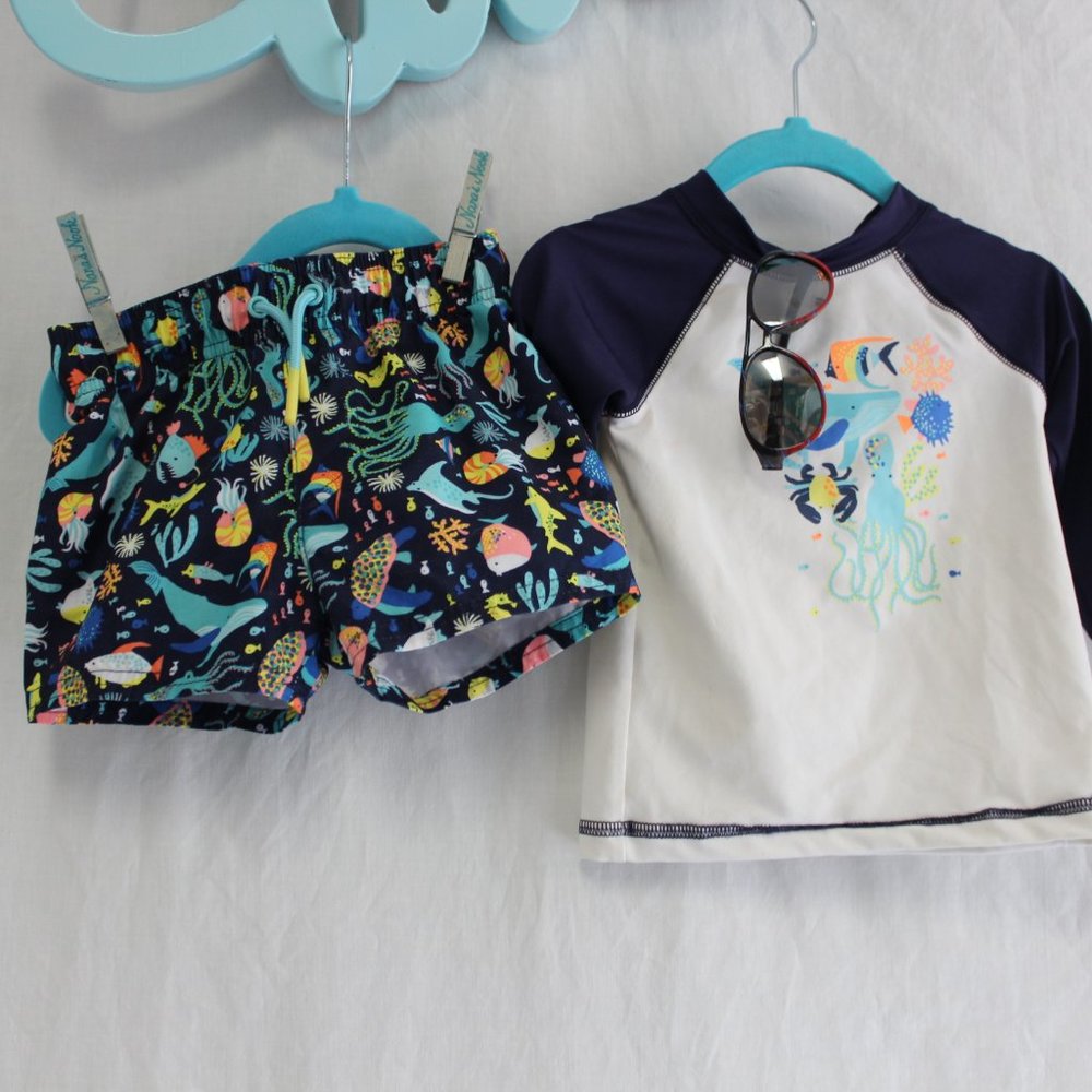 Set 💙 Cat & Jack Tropical Rash Guard Swim Shorts 12M Sunglasses